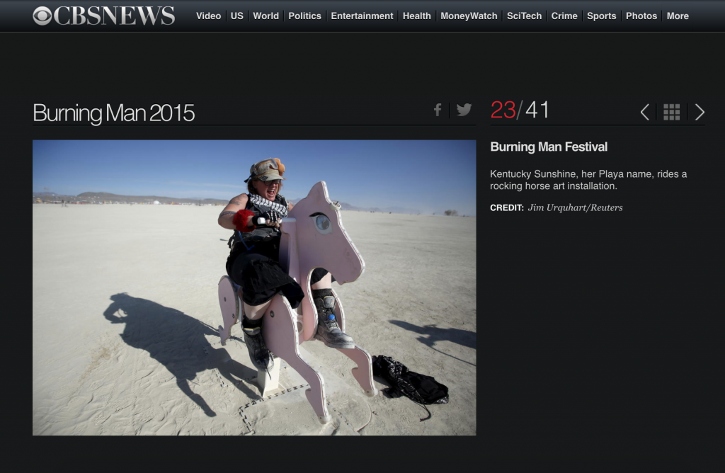 Screenshot of Loquacious, a pink wooden Unicorn with a woman riding on her, featured in Reuters